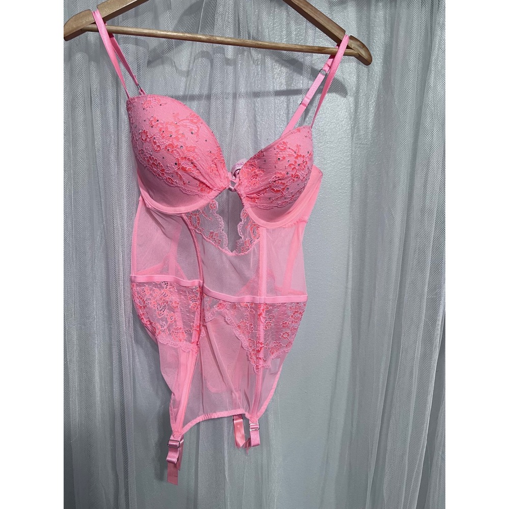 Victoria's Secret Pink Lace Rhinestone Garter Merrywidow Bustier 36D New